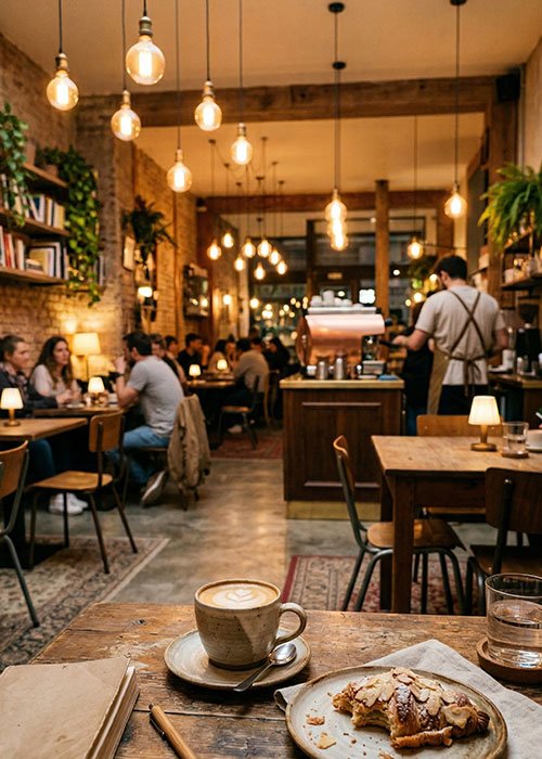 Área de mesas en cafetería con ambiente cálido