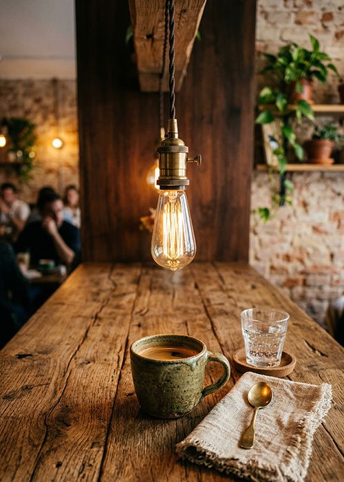 Detalle de materiales en diseño interior de cafetería