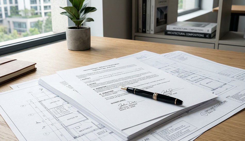 Contrato de servicios de arquitectura junto a planos de proyecto
