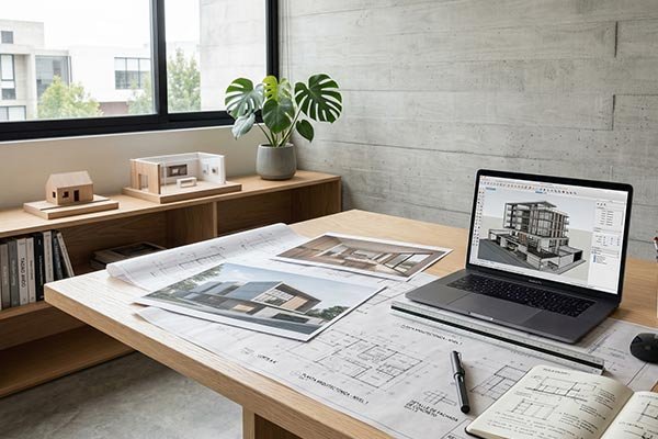 Proceso de diseño arquitectónico con planos y renders en estudio moderno
