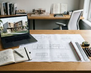 Mesa de trabajo de arquitecto con planos y modelo digital de vivienda