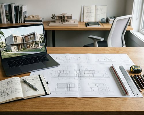 Mesa de trabajo de arquitecto con planos y modelo digital de vivienda