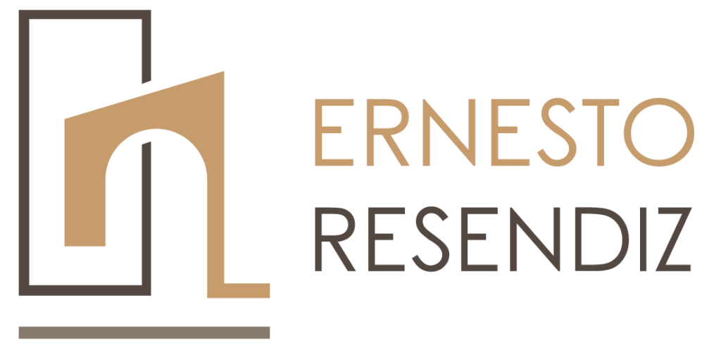 Logo minimalista de arquitecto Ernesto Reséndiz con símbolo geométrico abstracto inspirado en arquitectura, en tonos beige y taupe sobre fondo blanco