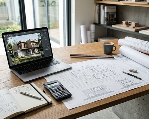 Planos arquitectónicos con calculadora y laptop para estimar honorarios