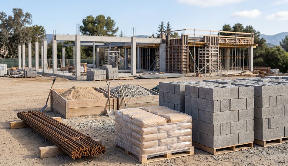 Materiales de construcción como varilla, block y cemento en obra
