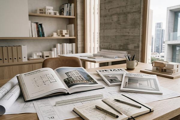Mesa con varias publicaciones sobre arquitectura