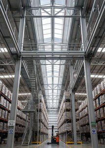 Interior de nave industrial con estructura y gran altura