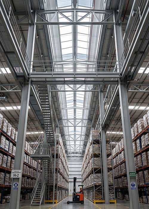 Interior de nave industrial con estructura y gran altura