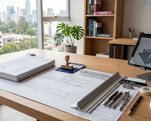 Planos arquitectónicos y documentos de permisos de construcción en escritorio