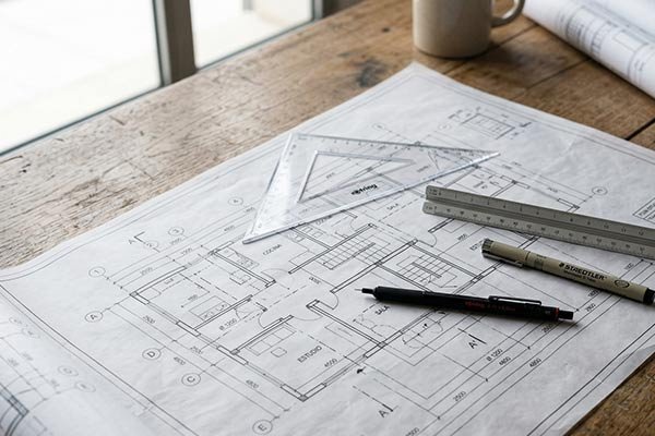Planos arquitectónicos detallados sobre mesa de trabajo con herramientas técnicas