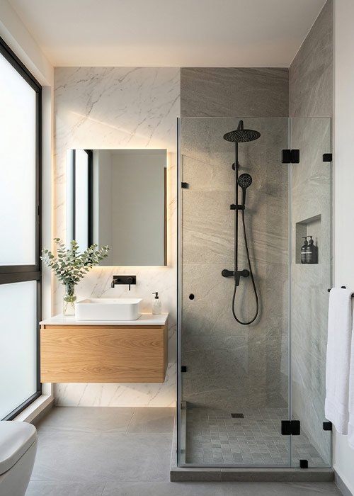 Baño remodelado con acabados modernos y diseño funcional