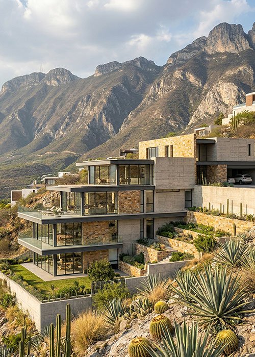 Casa moderna en terreno inclinado con diseño escalonado