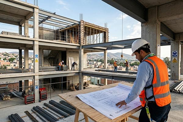 Supervisión de obra en construcción con revisión de planos en sitio