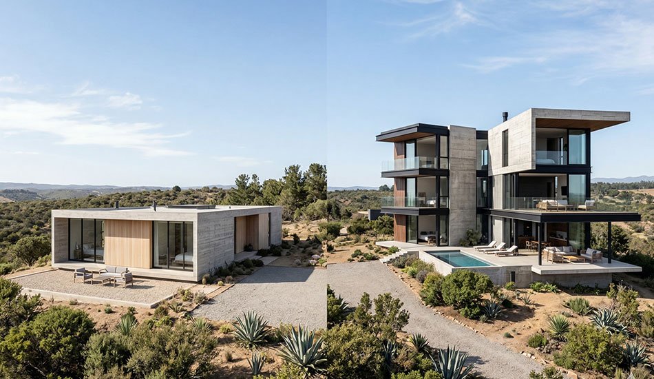 Comparación entre casa de diseño simple y casa con arquitectura compleja