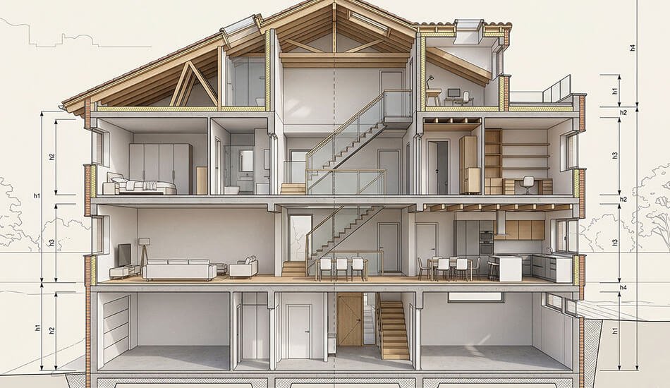 Corte arquitectónico mostrando interior y alturas de una vivienda