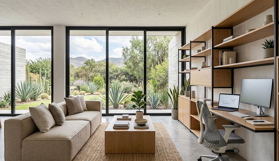 Espacio multifuncional en casa con área de trabajo integrada