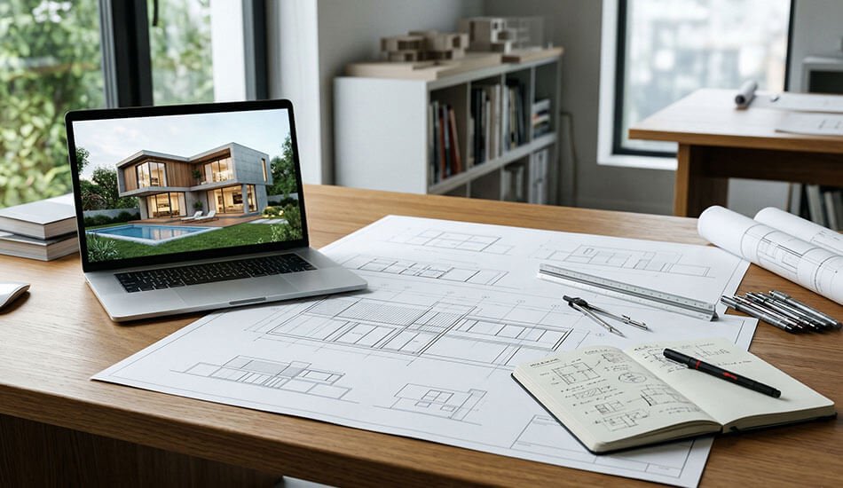 Proceso de diseño arquitectónico con planos y modelo digital