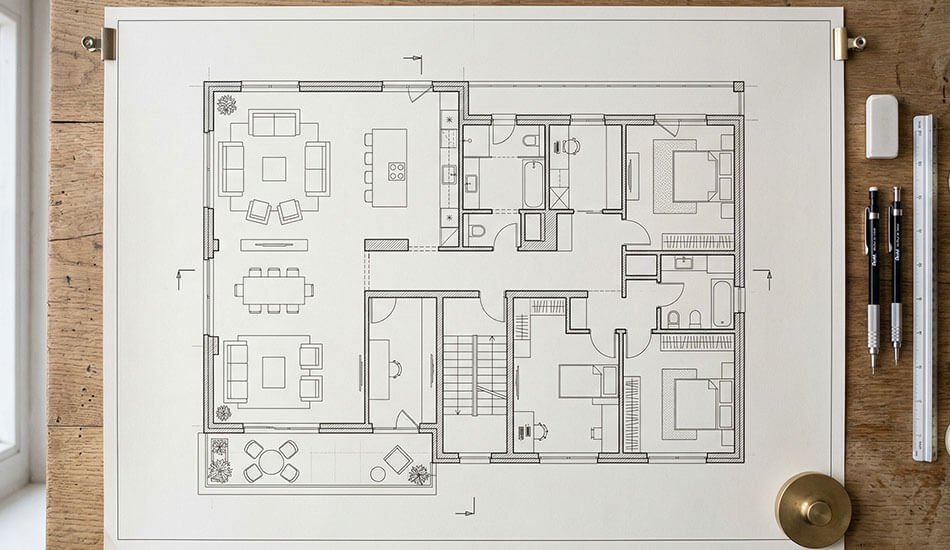 Plano de planta arquitectónica con distribución de espacios