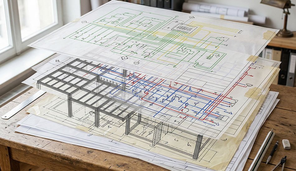 Planos técnicos de estructura e instalaciones en construcción