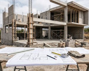 Obra de casa en construcción con planos arquitectónicos en primer plano