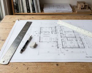 Planos arquitectónicos extendidos con herramientas de dibujo técnico