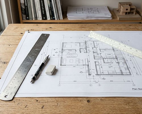 Planos arquitectónicos extendidos con herramientas de dibujo técnico