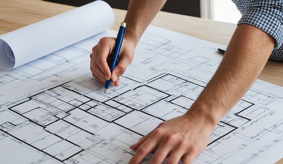 Arquitecto desarrollando planos y diseño arquitectónico de un proyecto residencial 